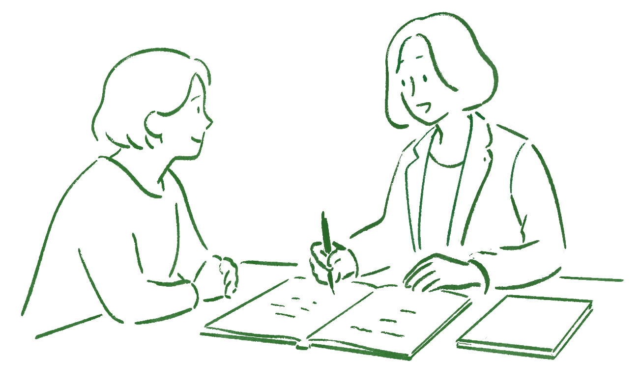 利用者と行政書士が向かい合って書類を確認しているイラスト